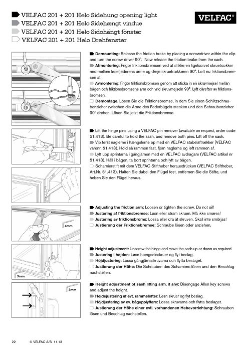 Instruktionsblad som visar hur man demonterar och justerar en sidohängd fönsterbroms och höjd.