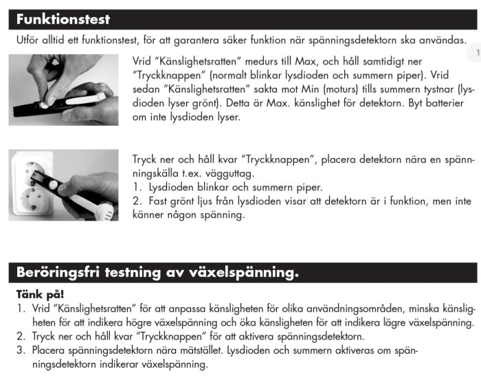 Instruktionsmanual för användning av spänningsdetektor med bilder på funktionstest och testning av växelspänning.