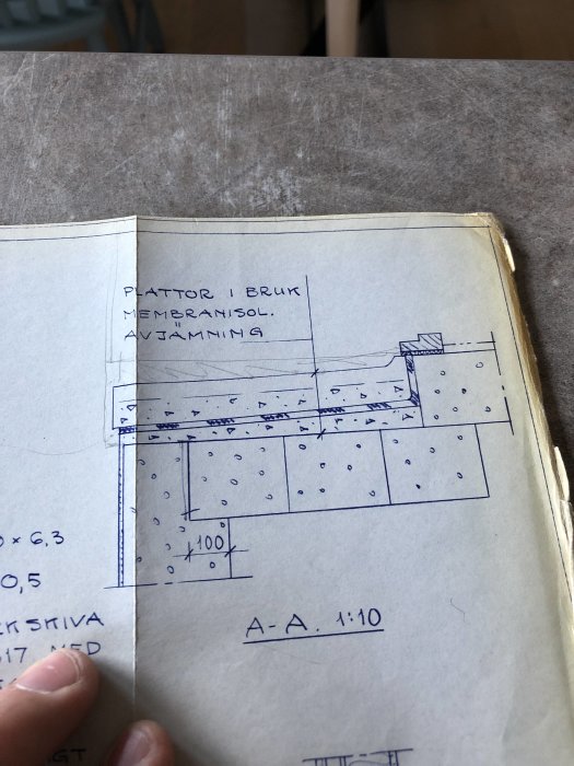 Hand håller en byggritning med detalj av genomskärning och texten "membranisol. avjämning".
