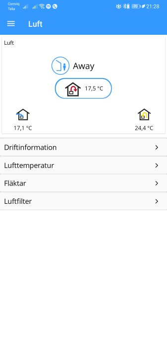 Skärmdump av en kontrollpanel för ventilationssystem som visar inställd temperaturen 17,5°C och faktisk temperatur 24,4°C.