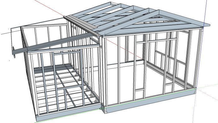 3D-modell av ett hus under konstruktion med regelverk för ytterväggar och takstolar.