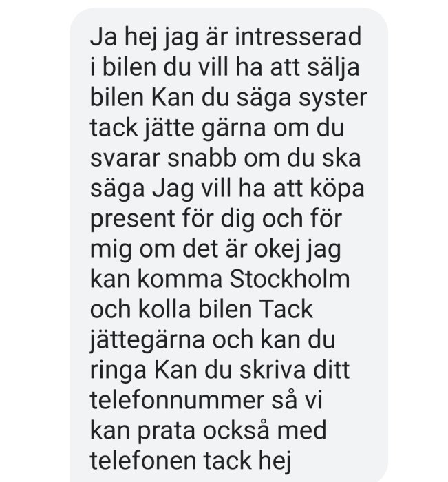 Skärmdump av ett mail med dålig svenska angående intresse för bilköp via Blocket.