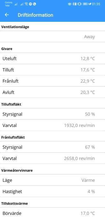 Skärmdump av driftinformation från ventilationssystem som visar temperaturer och fläkthastigheter.