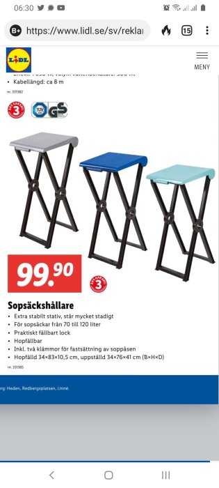 Reklambild för sopsäckshållare med fällbart lock i grått, blått och mintgrönt, prisangivelse och specifikationer.