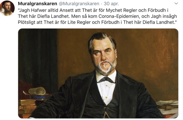 Porträtt av en man med skägg och frack, sittande bredvid en hög böcker och en hatt.