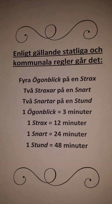 Informativ text som visar humoristiska konverteringar av tid, som "ögonblick" och "strax", i minuter, med dekorativa svepningar överst och nederst.