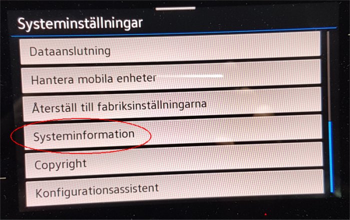 Bilens infotainmentsystem med öppna systeminställningar och markerad meny för "Systeminformation".