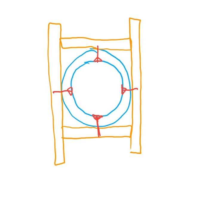 Handritad skiss av en konstruktion med cirkulära linjer och röda markeringar inuti en rektangulär ram.
