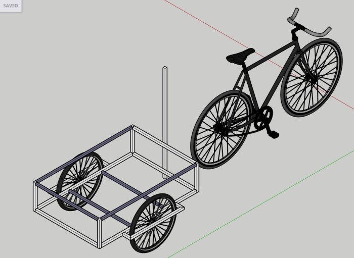 Illustration av en cykelvagn med metallram, hjul och koppling till en cykel, designad för lastkapacitet.