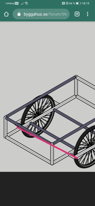 3D-modell av en cykeltrailerstruktur med tvärgående rör markerade i rosa.