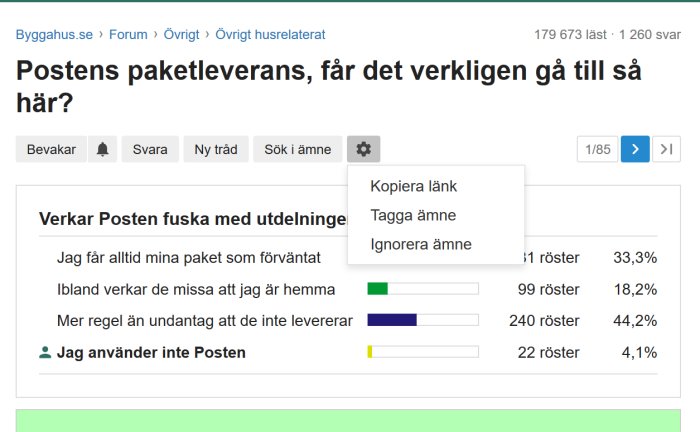 Skärmdump av ett diskussionsforum med en omröstning om Postens paketleverans och användarinteraktioner.