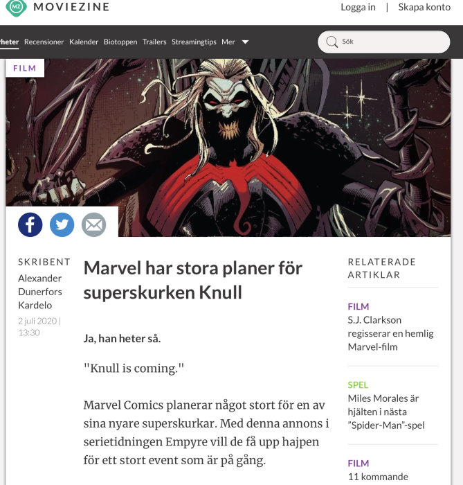 Illustration av Marvels superskurk Knull med långt hår och röd mantel mot en stjärnspäckad bakgrund.