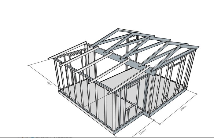 3D-ritning av en trästomme till en byggnad med måttangivelser.