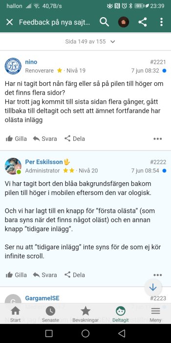 Skärmdump av ett forum där trådens inlägg visas med olika bakgrundsfärger och användarkommentarer.