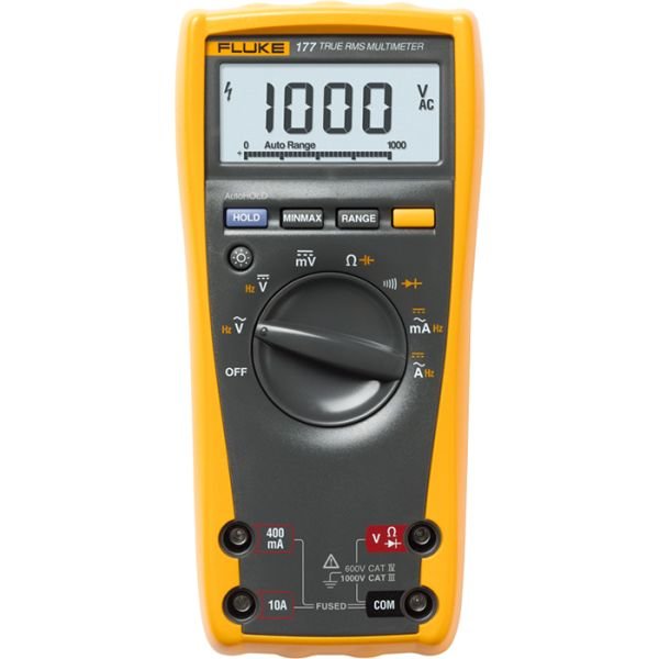 FLUKE 177 digital multimeter visas med visning på 1000 V AC på displayen och vridreglage i mitten.