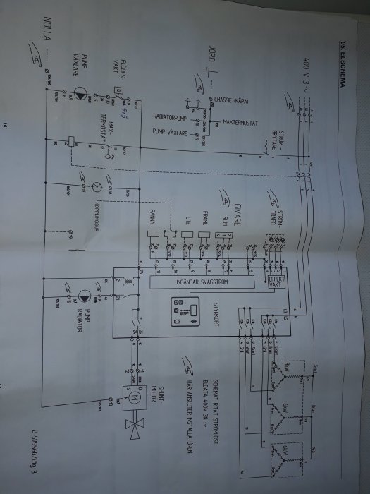 Elschema över värmesystem med markeringar för radiatortermostat, pump, maxtermostat och strömkretsar.