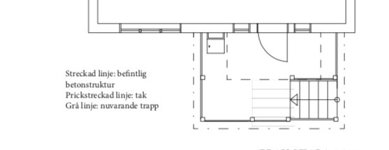 Ritning av entre med plintar, befintlig betonstruktur och trapp, problem med ojämn placering av plintar.