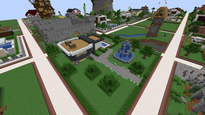 Minecraft-byggnadsprojekt med olika konstruktioner och landskapsdesign längs vita gångvägar.