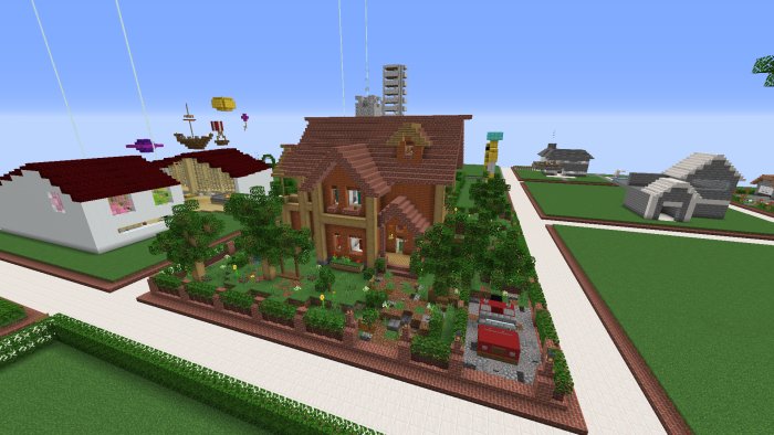 Minecraft-modellerad byggnad omgiven av en lummig trädgård och andra digitala byggnader i bakgrunden.