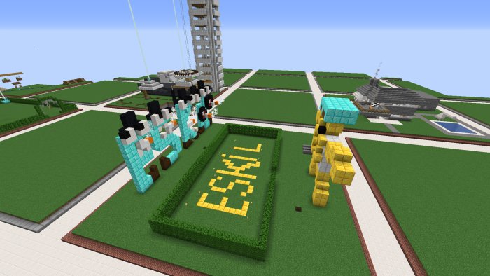 Översikt av en Minecraft-tävlingskarta med olika kreativa byggen och en text som bildar ordet "ESIW".