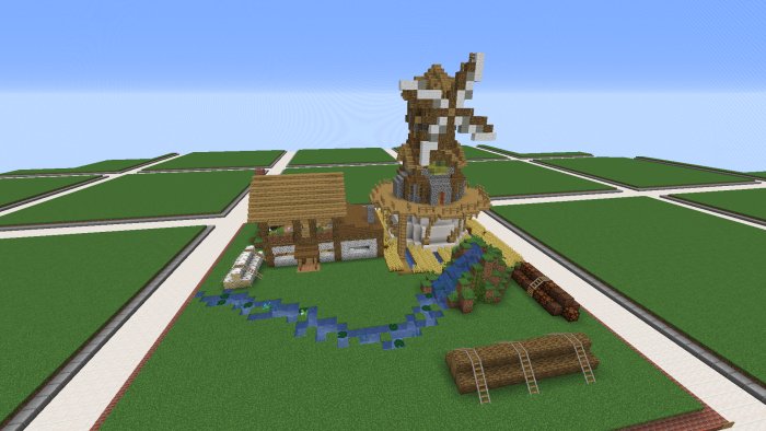 Minecraft-konstruktion av vattenkvarn och bondgård bland byggplatser i en virtuell tävling.