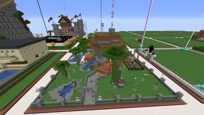 Pixelkonst av ett landskap i Minecraft med byggnader, träd och en park.