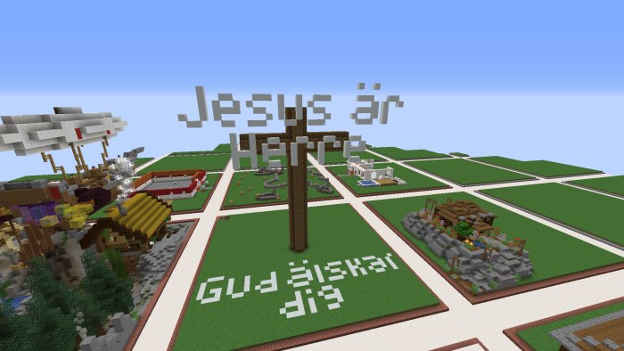 Minecraft-konstverk med texten "Jesus är Herre" och "Gud älskar dig" bredvid ett kors.