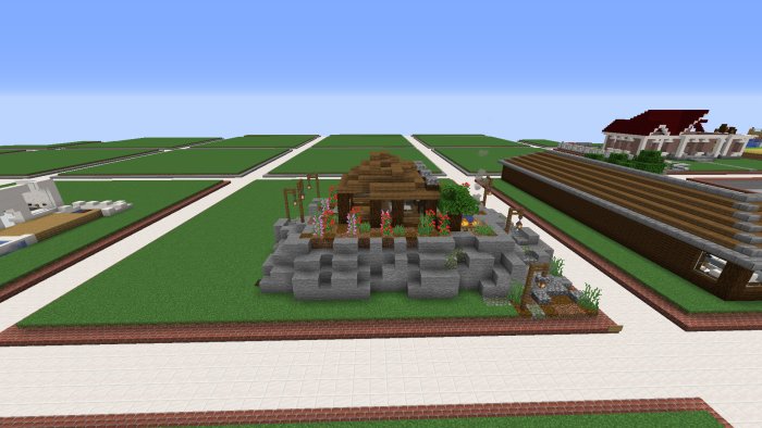 Minecraft-kreationer med en trädgård och byggnader som tävlingsbidrag.