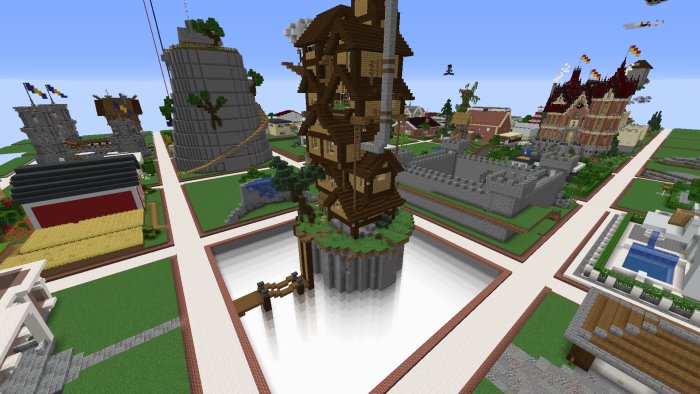 En kreativt byggd värld i Minecraft med olika konstruktioner som slott, hus, och åkrar.