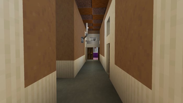 Korridor i pixelerad byggnad med dörrar och bjälkar från ett dataspel, med alias Owlie_ som vinnare.