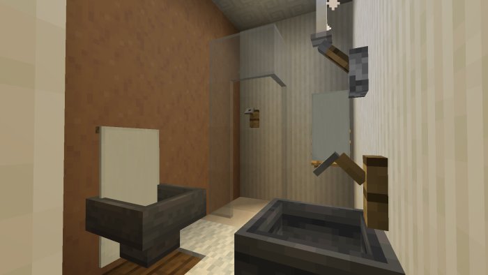 Digitalt byggt badrum i blockgrafikstil med dusch, handfat och spegel.