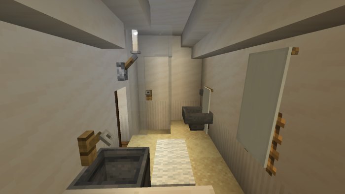 Blockig digital representation av ett badrum med toalett och handfat i Minecraft-stil.