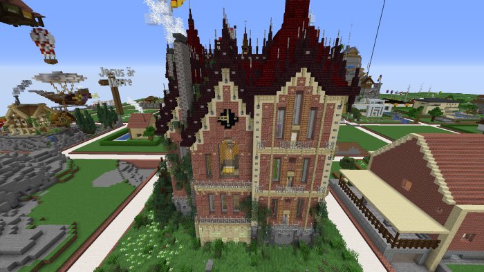 Digital konstruktion av ett detaljerat tegelhus med röda tak i ett Minecraft-spel, där Owlie_ är vinnaren.