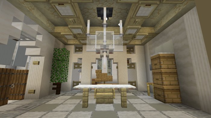 Interiör av ett rum i Minecraft med bordskonstruktion och taklampor, vinnande byggprojekt.