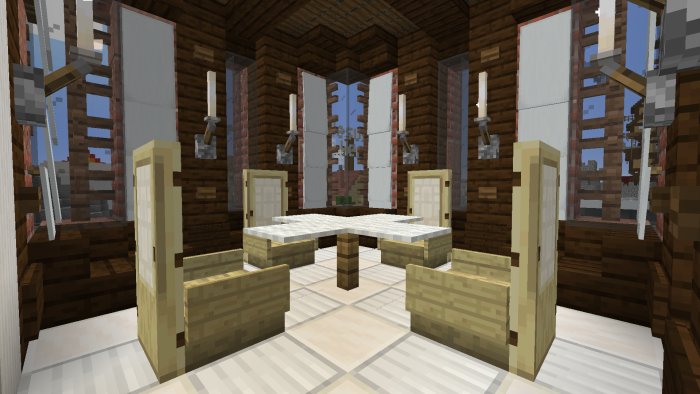 Inredning av ett konstruerat rum i Minecraft stiliserat som ett matbord med stolar och fönster.