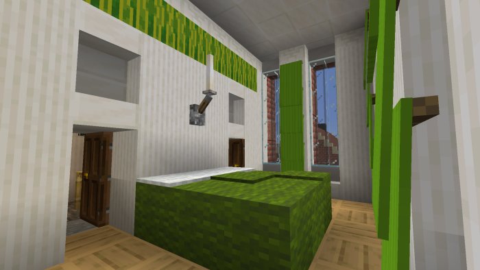 Minecraft-inspirerad interiör med gräsblock, trägolv och stora fönster.