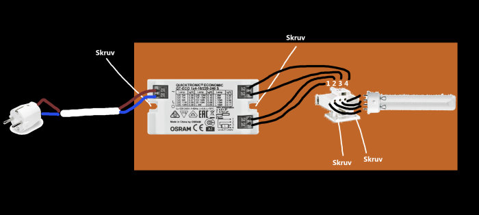 Elektrisk kopplingsschema för ojordad installation med strömbrytare, kablar och armatur fästad på träbräda.