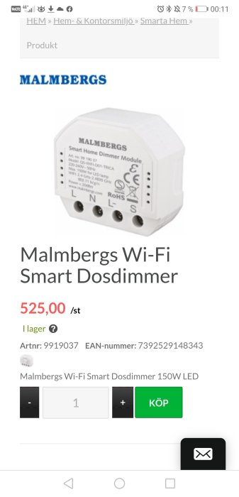 En vit Malmbergs Wi-Fi Smart Dosdimmer för LED-belysning på en online köpsida med pris och artikelnummer.