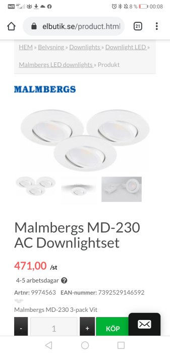 Malmbergs MD-230 AC Downlightset i 3-pack, vita inbyggda LED-spotlights visas på en produktwebbsida med prisinformation.