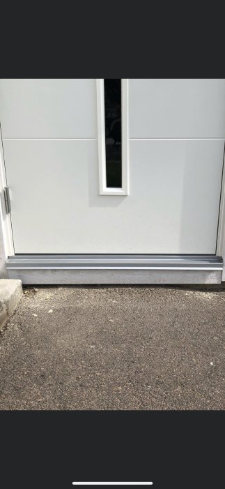 En dörrtröskel fäst längs botten av en vit ytterdörr, synlig från utsidan mot trottoaren.