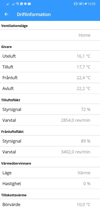 Skärmdump av driftinformation för ventilationssystem med temperatur- och fläkthastighetsvärden.