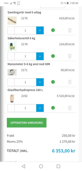 Skärmdump av en varukorg med byggmaterial som samlingsrör, säkerhetsventil, manometer och glasfiberhydrofor.