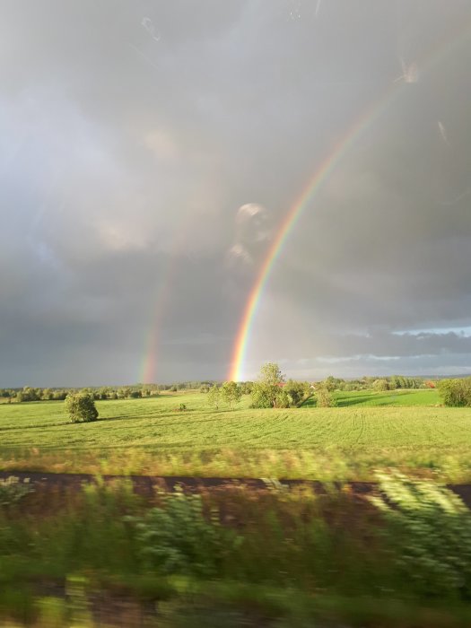 Dubbla regnbågar över ett grönt landskap med mörka moln i bakgrunden.