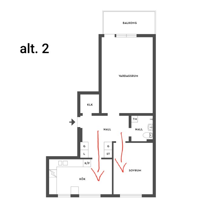 Planritning som visar riktningen för click-golv i en lägenhet med markerade riktningar i hall och kök.