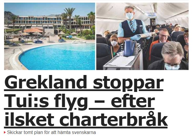 Artikel med två bilder: Poolområde på ett hotell och kabinpersonal som serverar i flygplansgång.