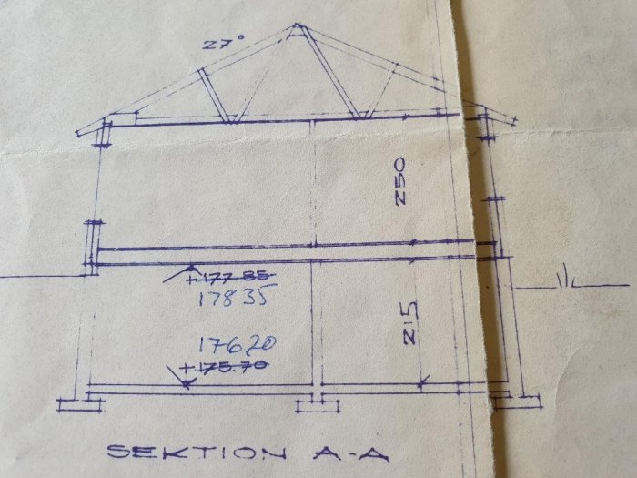 Sektionsritning av ett hus med måttangivelser, takstolens lutning och väggpositioner markerade.