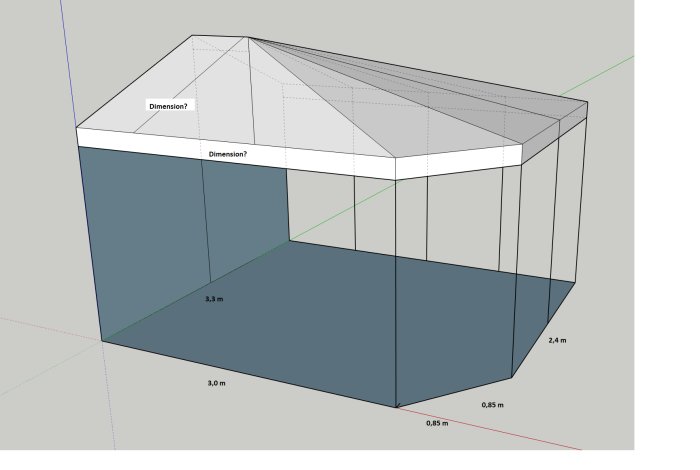 3D-modell av ett byggprojekt med angivna mått på bas och höjd, frågetecken vid okända dimensioner.