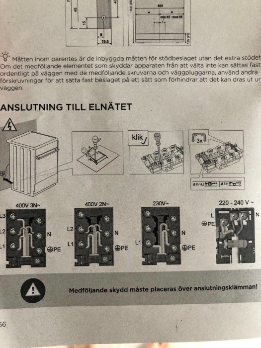 Anvisningssida för anslutning av spis till elnätet med olika kopplingsscheman.