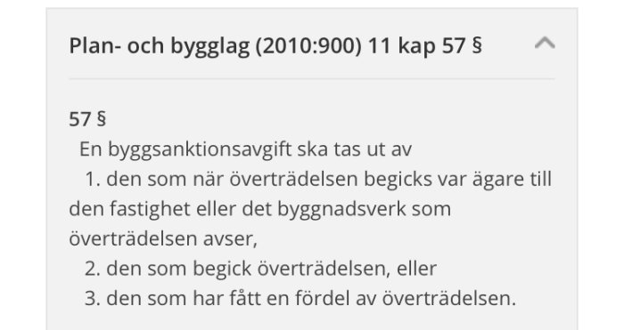 Textutdrag från Plan- och bygglagen om sanktionsavgifter vid byggovertredelser.