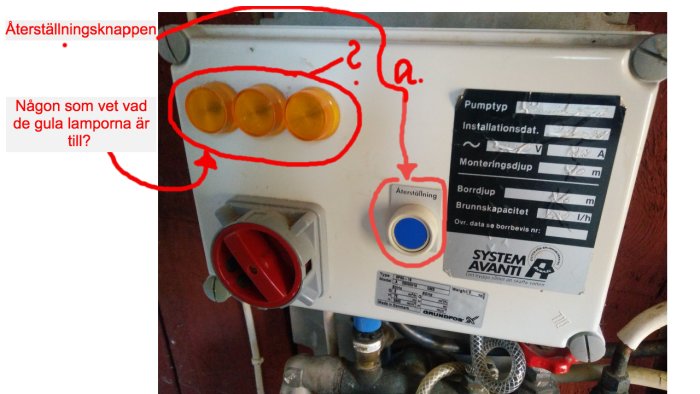 Manöverpanel för brunnpump med återställningsknapp, varningslampor och tekniska specifikationer.